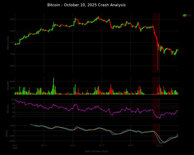 Bitcoin October 10, 2025 Crash Analysis chart with multiple panels showing price (USD), volume, RSI (14), and MACD indicators. A significant crash is highlighted with a red shaded vertical band around October 10-11, where price dropped sharply from ~125K to ~110K.