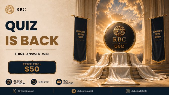 A promotional graphic for the RBC Quiz announcement, featuring a golden medal atop a draped pedestal flanked by "Knowledge Creates Value" and "Community Drives Growth" banners, with details highlighting a $50 prize pool on 25 July at 5 PM UTC via RBC Discord.