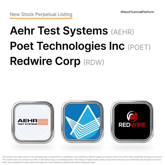 The image is a Bybit promotional announcement showcasing three new perpetual stock listings—Aehr Test Systems (AEHR), Poet Technologies Inc (POET), and Redwire Corp (RDW)—each displayed with their company logos in metallic app icons below the tickers, complementing the post's message about $AEHRUSDT, $POETUSDT, and $RDWUSDT going live on the exchange.