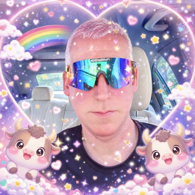 A selfie of a man wearing colorful Saloman sunglasses, heavily edited with a pink filter and surrounded by animated cow stickers, hearts, and rainbows.