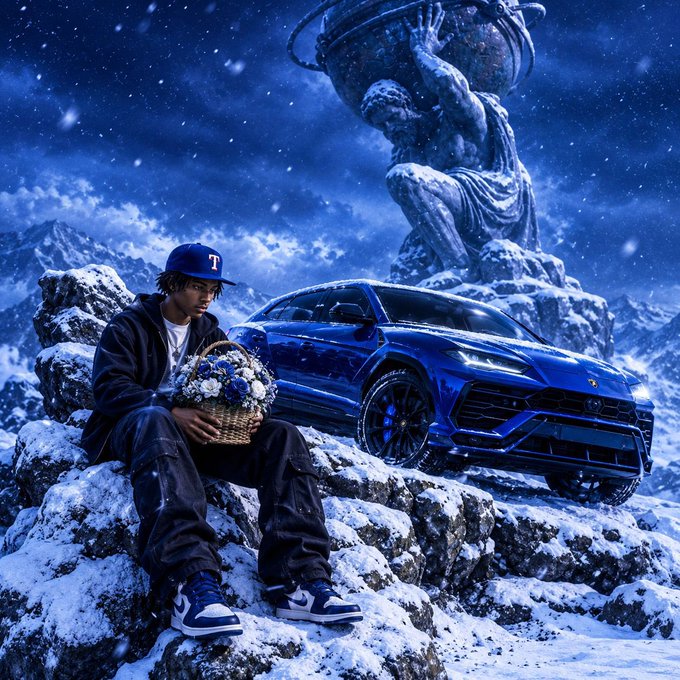 A stylized digital artwork of a young man wearing a 'T' cap sitting on snowy rocks holding a basket of blue roses, with a blue Lamborghini Urus parked behind him against an icy mountain backdrop and a large Atlas statue.