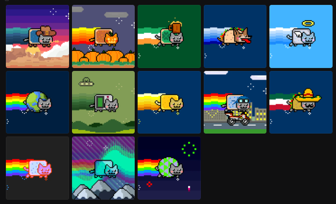 A pixel art grid featuring 13 variations of the Nyan Cat meme, each depicting the cat with a rainbow trail in different environments, costumes, and styles.