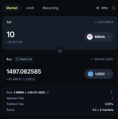 A cryptocurrency trading interface showing a sell order of 10 MINA (~$1,507.16) and a buy order of 1497.062585 USDC, with a rate of 1 MINA = 149.70 USDC.