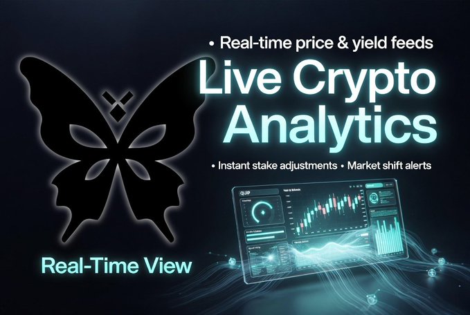 A promotional graphic featuring a butterfly logo reads 'Live Crypto Analytics' with bullet points for 'Real-time price & yield feeds,' 'Instant stake adjustments,' and 'Market shift alerts,' alongside a dashboard mockup labeled 'Real-Time View.'