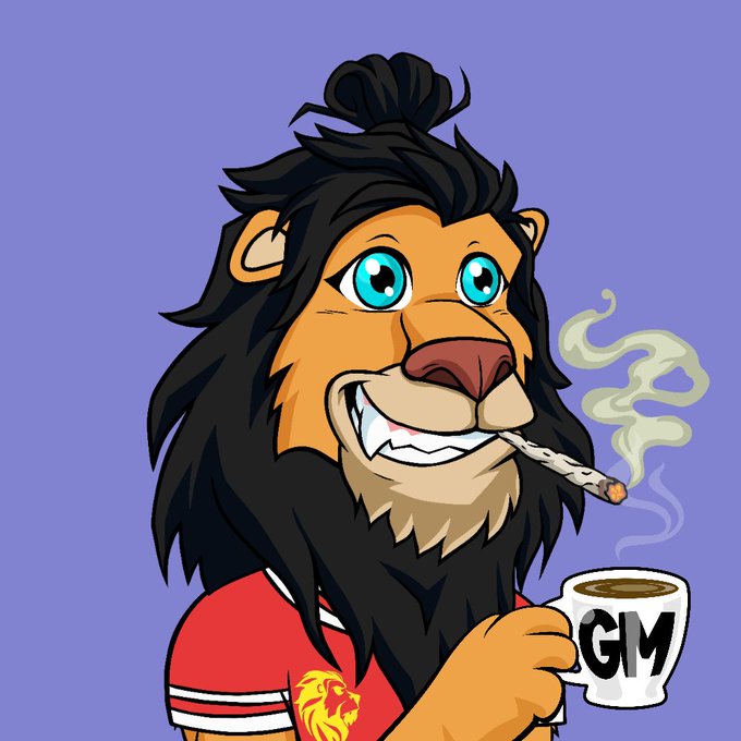A cartoon lion with a top knot and dark mane grins while smoking a joint and holding a white mug labeled "GM," paired with the post "gm if you're $LAZY" to playfully greet fellow lazy crypto holders.
