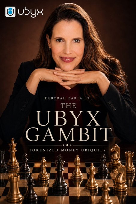 A promotional image featuring Deborah Barta for 'THE UBYX GAMBIT' with the tagline 'TOKENIZED MONEY UBIQUITY', showing her resting her chin on her hands behind a chessboard with the Ubyx logo.
