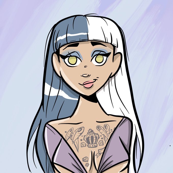 A digital illustration of a girl with half-black, half-white hair, yellow eyes, and blue eyeshadow, wearing a purple top and featuring visible chest tattoos of a crown and feathers.