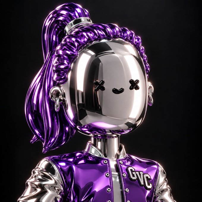 A 3D rendered metallic figure with a chrome face featuring X-shaped eyes and a smile, purple braided ponytail, and a shiny purple and silver jacket with 'GVC' displayed on it.