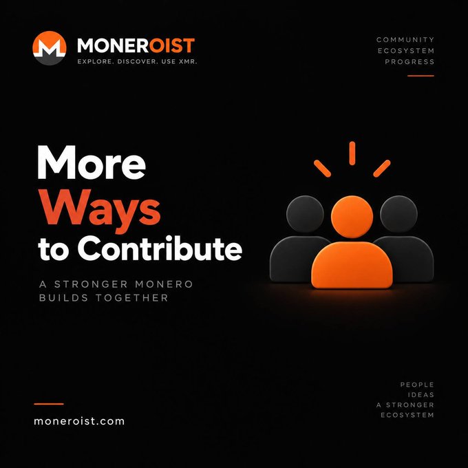 A promotional graphic for Moneroist.com with the headline 'More Ways to Contribute' and the tagline 'A Stronger Monero Builds Together'.