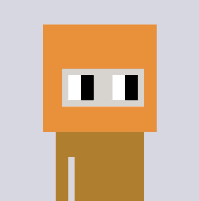 A simple pixel-art style illustration of an orange blocky character with a tan face featuring two rectangular eyes (one white, one black) and a brown body against a gray background.