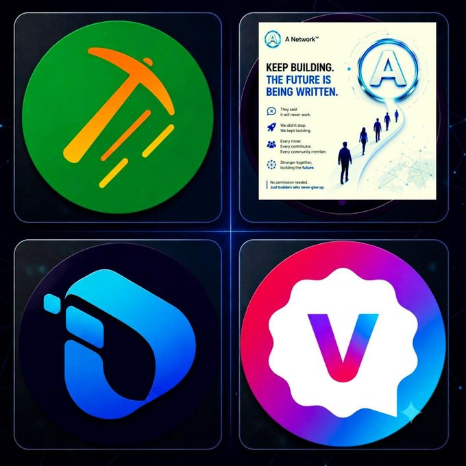 Four app icons in a grid: an orange running figure on green, 'A Network™ KEEP BUILDING. THE FUTURE IS BEING WRITTEN.' logo, a blue 'G' icon, and a colorful 'V' icon.