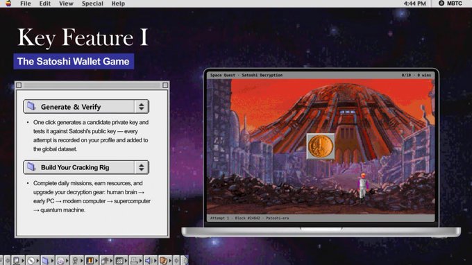 A retro-styled webpage describing 'Key Feature I: The Satoshi Wallet Game' explains 'Generate & Verify' and 'Build Your Cracking Rig' mechanics alongside a pixel-art image of a Bitcoin coin in a red dystopian landscape.