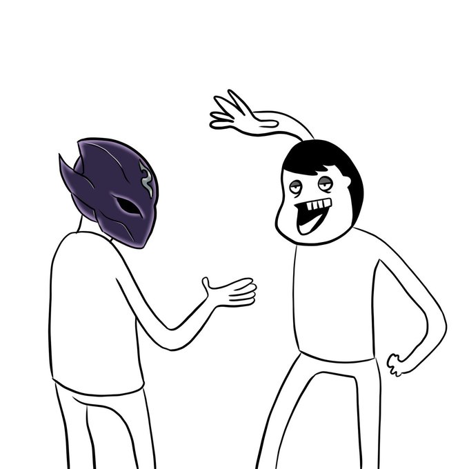 A meme illustration depicts a character wearing a shadowy mask reaching out to a joyful person with an exaggerated, waving arm.