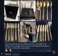 A small, dark image showing gold-colored flatware (forks and spoons) and small ceramic dishes, with a TikTok-style caption at the bottom.