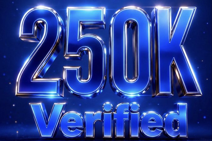 A graphic displaying the text '250K Verified' in large, metallic blue 3D letters against a dark blue background with sparkling light effects.
