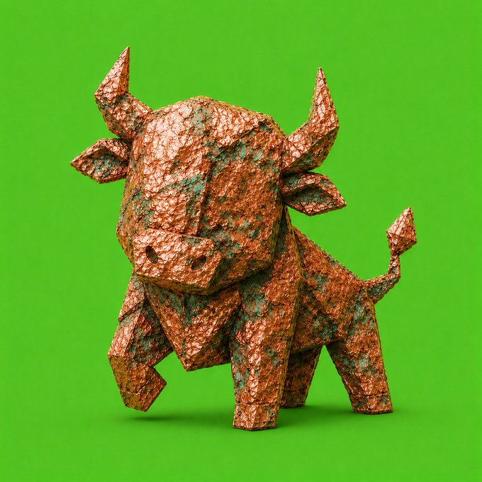 A low-poly 3D rendered bull with a textured copper/bronze metallic finish featuring greenish patina spots, standing against a bright green background.