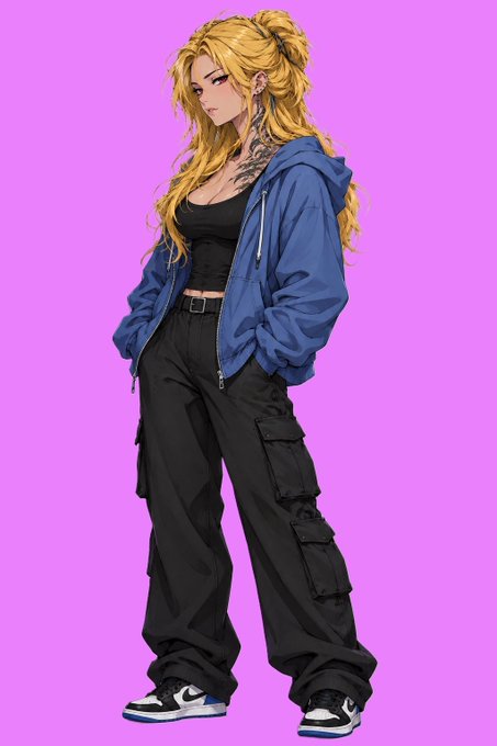 Anime-style digital illustration of a blonde woman with a ponytail, wearing a blue zip-up hoodie over a black crop top and oversized black cargo pants with Air Jordan 1 sneakers, set against a bright pink background. The image appears to be a character design being offered as a reward or giveaway to the "first 960 person" who drops their EVM wallet address.
