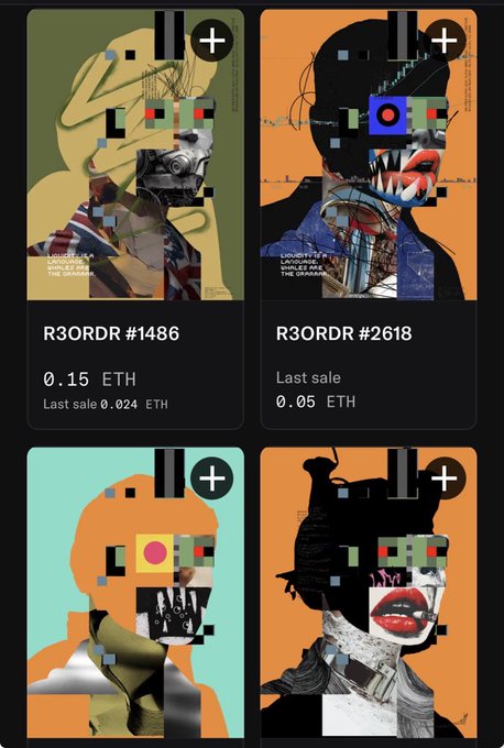 A screenshot showing four NFT artworks in a digital collection called R3ORDR, each featuring glitchy, distorted portrait designs with text like "LANGUAGE, MUSIC & THE ORANGE" and prices listed in ETH.
