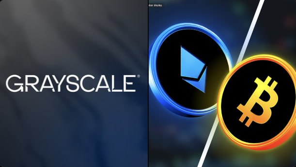 The image displays the "GRAYSCALE" logo on the left alongside icons for Ethereum (ETH) and Bitcoin (BTC) on the right, visually representing the Grayscale crypto research post highlighting ETH and Bitcoin as key assets in the emerging bull market narrative.