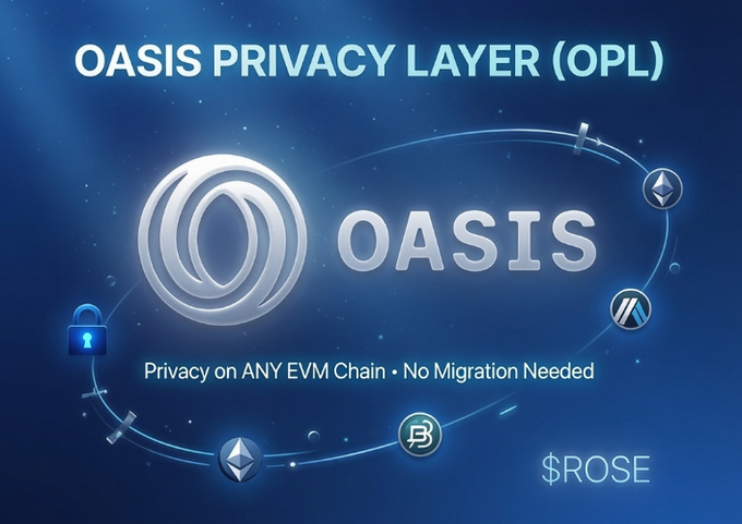 The image features a blue background with white text that reads "Oasis Privacy Layer (OPL)" and "Focus on what is in the image and how it relates to the post". The image also includes several icons, including a lock symbol, a chain icon, and a rose icon. These icons are related to the OASIS privacy layer, which is a protocol that allows users to add real confidentiality to their apps without migrating them to another server or platform.