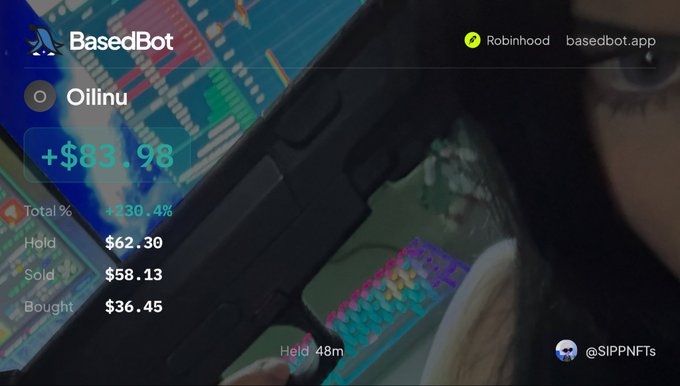 A BasedBot cryptocurrency trading interface showing a profitable Oilinu position with +$83.98 gain (+230.4%), held at $62.30, sold at $58.13, bought at $36.45, connected via Robinhood at basedbot.app, with @SIPPNFTs username visible.