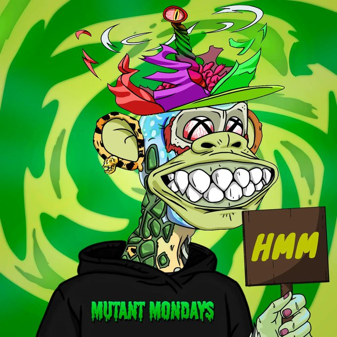 A cartoon illustration features a mutant monkey character wearing a purple and green hat, with a skull earring and a wide grin, holding a sign that reads 'HMM' while wearing a shirt labeled 'MUTANT MONDAYS'.