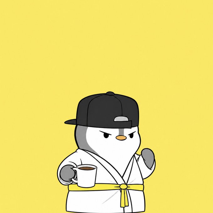 A cartoon illustration of a penguin wearing a backward black cap and a white martial arts robe with a yellow belt, holding a white mug against a yellow background.