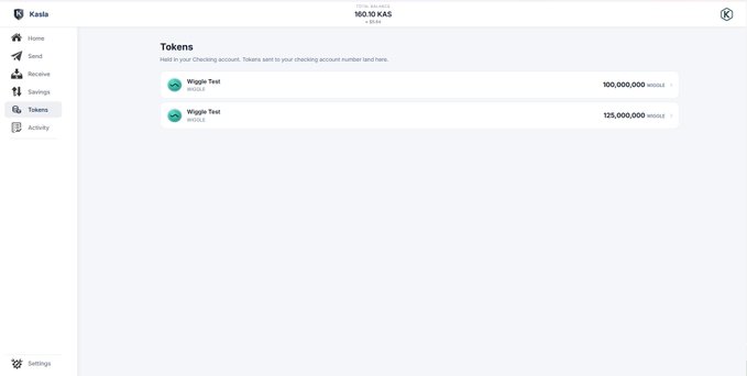 A screenshot of the Kaspa wallet interface displaying a balance of '160.10 KAS' and a 'Tokens' list with 'Waggle Test' entries showing large balances.