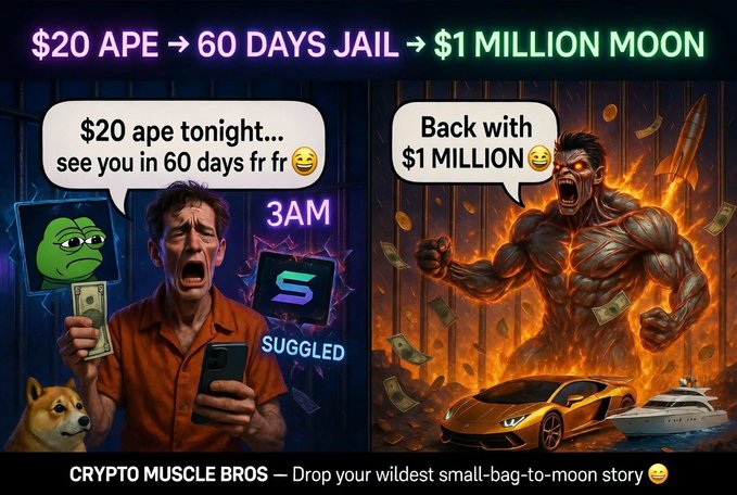 The image features a meme of two men, one with a cell phone and another one with money falling out of his hand. The caption at the bottom reads, "I just wanna ape $20 into a random meme coin tonight...". The main poster in front displays two options for people to either jail themselves for 60 days or receive 1 Million dollars as their prize depending on how well they can solve a puzzle presented by an evil character named 'Suggled'. The poster also includes a message asking the viewer what is their wildest small-bag-to-moon story.