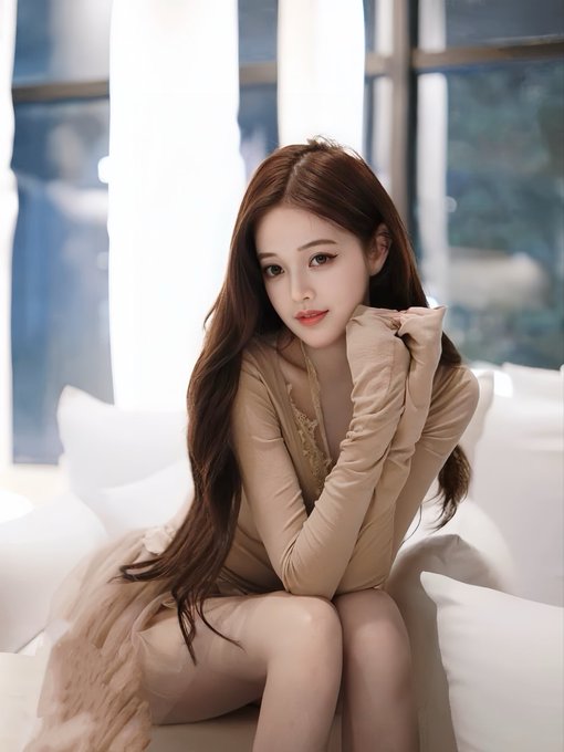 A young woman with long brown hair sits on a white cushioned surface wearing an elegant beige ruched dress with lace details.