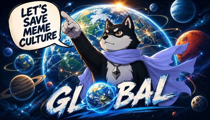 The image features a cartoon cat wearing a cape, standing against a backdrop of planets and stars. The caption below the cat reads "Let's save meme culture", which seems to be related to the global theme of the image.