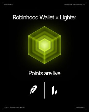 A promotional graphic for 'Robinhood Wallet × Lighter' announcing that 'Points are live,' featuring a green cube logo on a black background.