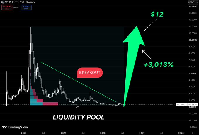 A TradingView weekly chart for WLDUSDT on Binance shows a breakout from a long downtrend with annotations marking a "LIQUIDTY POOL" near the base, a green arrow projecting a +3,013% rally toward $12, illustrating the post's message that the hard part is buying before the explosive move rather than after the price has already run up to $8+.