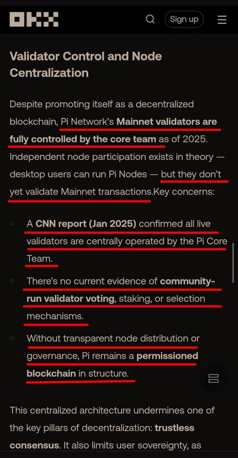 An OKX article excerpt titled 'Validator Control and Node Centralization' about Pi Network, with red underlines highlighting key phrases about centralization and core team control.
