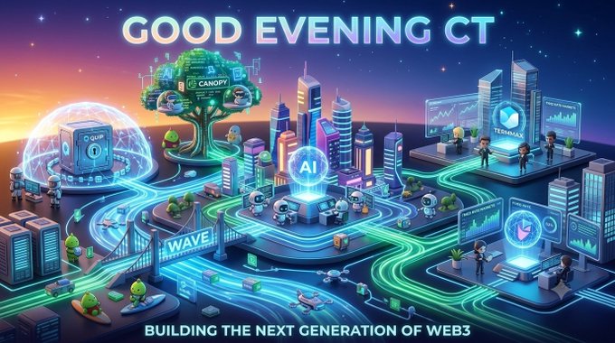 A futuristic cityscape illustration titled 'GOOD EVENING CT' featuring glowing neon infrastructure connecting various tech buildings labeled 'CANOPY', 'AI', 'WAVE', and 'TECHMIX', with the tagline 'BUILDING THE NEXT GENERATION OF WEB3'.