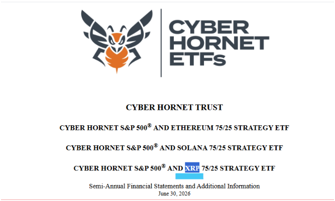 The image displays a cover page for Cyber Hornet Trust's Semi-annual Financial Statements dated June 30, 2026, listing three ETFs including the Cyber Hornet S&P 500® and XRP 75/25 Strategy ETF. The accompanying post references this SEC filing as confirmation that the XRP-focused ETF holds XRP as its top asset at 22.5%, positioning the cryptocurrency within a regulated S&P 500 strategy fund.