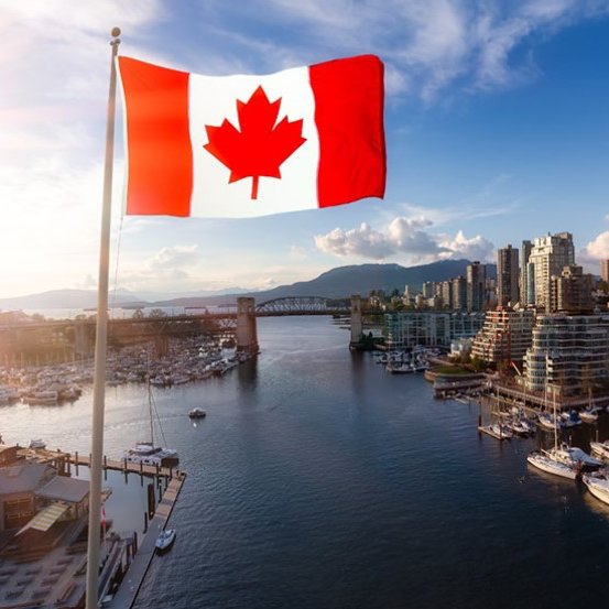 The Canadian flag waves prominently in the foreground, with Vancouver's harbor, skyline, and the iconic Granville Street Bridge visible in the background. The image symbolizes Canada as VersaBank pilots tokenized deposits on Algorand, following regulatory recognition of tokenized deposits as legally equivalent to traditional bank deposits.