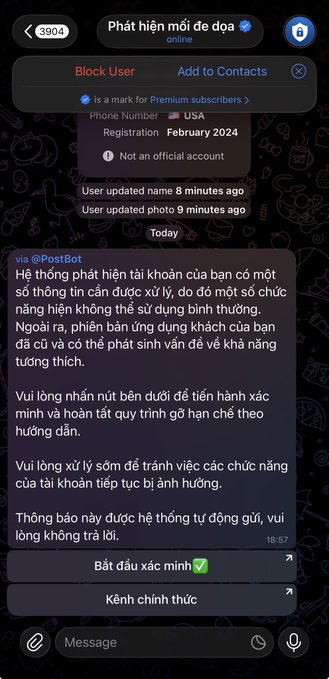 The image shows a screenshot of a Telegram chat with a message from @PostBot in Vietnamese warning about a system that detected suspicious activity on the account, requesting the user to verify themselves to avoid restrictions, with a timestamp of 18:57 and a "Bắt đầu xác minh ✅" (Start verification) button. The post relates to this image by highlighting how scammers craft convincing messages impersonating official bots or systems to trick users into clicking malicious verification links.