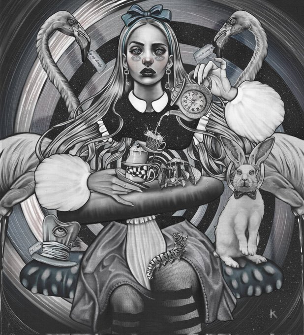 The image features a woman dressed as Alice from "Alice in Wonderland" with a clock, tea set, and other objects surrounding her. The background of the image is black and white, which adds to the overall surreal atmosphere. The caption reads "GM with Tea for the Delicate Insane". This post seems to be promoting an event or gathering related to the theme of Alice's adventures in Wonderland.