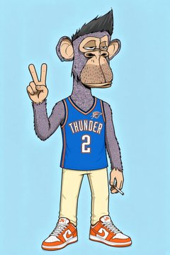 A cartoon monkey character wearing a blue 'THUNDER' basketball jersey with the number 2, beige pants, and red sneakers, making a peace sign against a light blue background.
