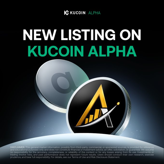 The image is a promotional graphic announcing a new token listing on KuCoin Alpha, featuring the KuCoin Alpha logo at the top, bold text reading "NEW LISTING ON KUCOIN ALPHA," and two stylized coin tokens below—one silver with a lowercase "a" and another black coin with a golden "A" logo, matching the announcement that $ART has been listed on the platform.