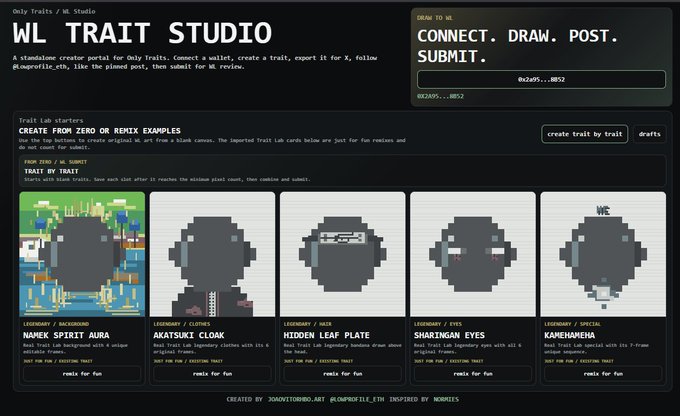 A screenshot of the 'WL TRAIT STUDIO' web interface showing a trait creation portal with options like 'NAMEK SPIRIT AURA,' 'AKATSUKI CLOAK,' 'HIDDEN LEAF PLATE,' 'SHARINGAN EYES,' and 'KAMEHAMEHA' under a 'CONNECT. DRAW. POST. SUBMIT.' header.