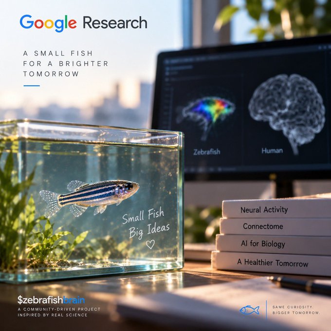 A Google Research promotional graphic featuring a zebrafish in a tank beside a monitor showing brain scans labeled 'Zebrafish' and 'Human', with text 'A SMALL FISH FOR A BRIGHTER TOMORROW' and 'Small Fish Big Ideas'.