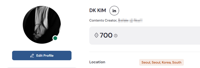 A LinkedIn-style profile for 'DK KIM,' a Contents Creator located in Seoul, South Korea, with 700 profile views and an Edit Profile button.
