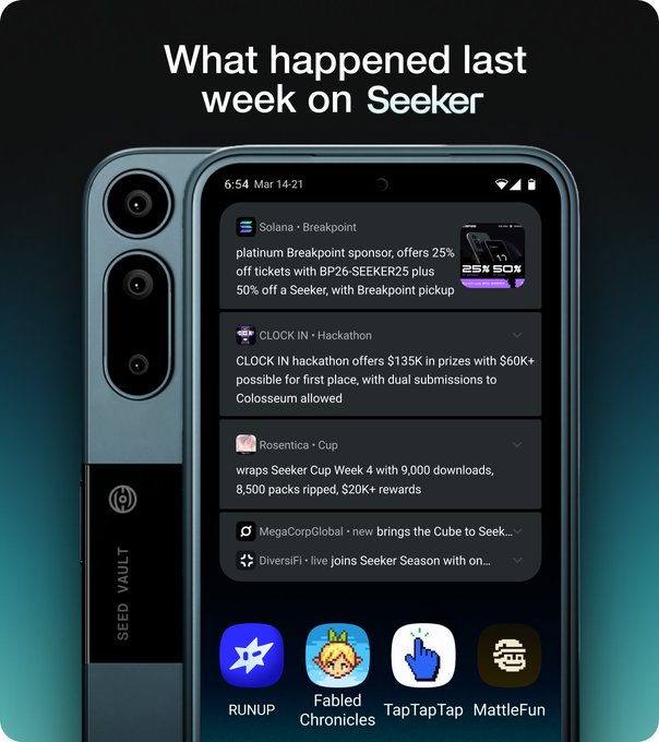 A promotional graphic for the Seeker app showing a phone displaying 'What happened last week on Seeker' with crypto news about Solana Breakpoint, CLOCK IN hackathon, and other updates, featuring app icons RUNUP, Fabled Chronicles, TapTapTap, and MattleFun.