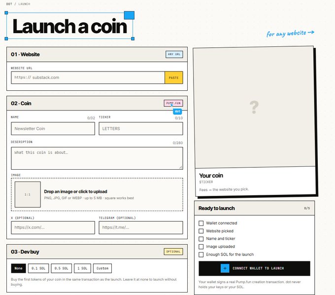 A screenshot of a 'Launch a coin' website showing a form with fields for Website URL, Coin Name ('Newsletter Coin'), Ticker ('LETTERS'), Description, Image upload, Social links, and Dev buy options, along with a checklist for launch readiness.