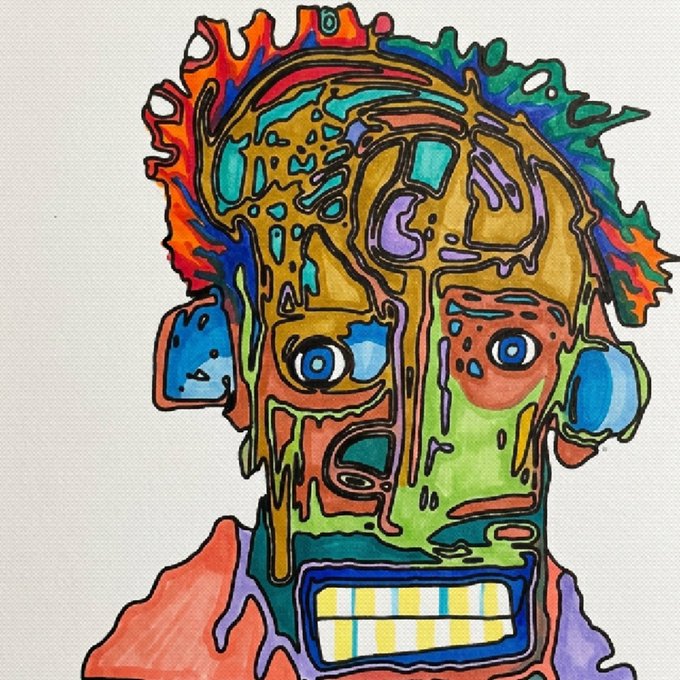 A vibrant, abstract, hand-drawn illustration of a face with bright colors including green, orange, blue, and purple, featuring asymmetrical eyes and a wide, toothy mouth.