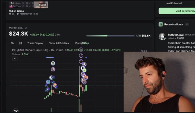 A man with dark hair and a beard, wearing a black tank top and earphones, is seen in a video overlay next to a trading chart showing the token "PLS on Solana" with a market cap of $24.3K (+230.06% in 24 hours) and 4.59K volume. The image appears to be from a livestream or video where the commentator is discussing a HEX influencer who was once believed to be a millionaire but is now promoting a low-cap ($25K) Solana coin, with the post criticizing Richard Heart for allegedly misguiding his "maxis."