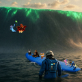 A surreal scene of people in blue hooded outfits floating or swimming in dark waters under a dramatic sky illuminated by vivid green aurora borealis.