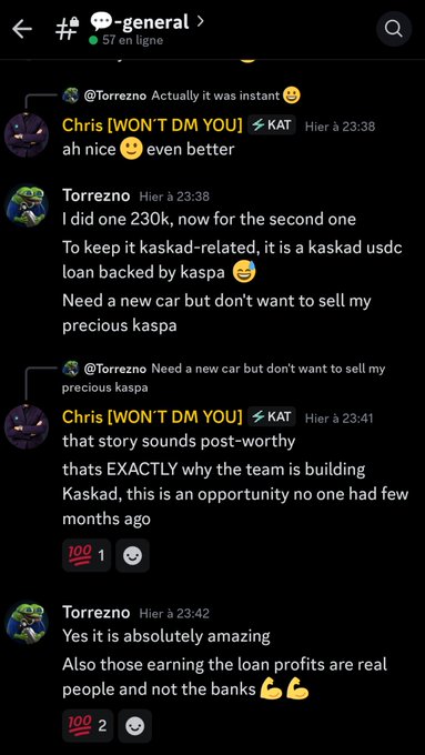 A Discord conversation in #_general shows users discussing a $230k Kaskad USDC loan used to purchase a new car without selling their precious KAS holdings. The exchange highlights how Kaskad enables instant liquidity while keeping intact crypto investments—aligning with the post's message about the product empowering users to access liquidity on their own terms.